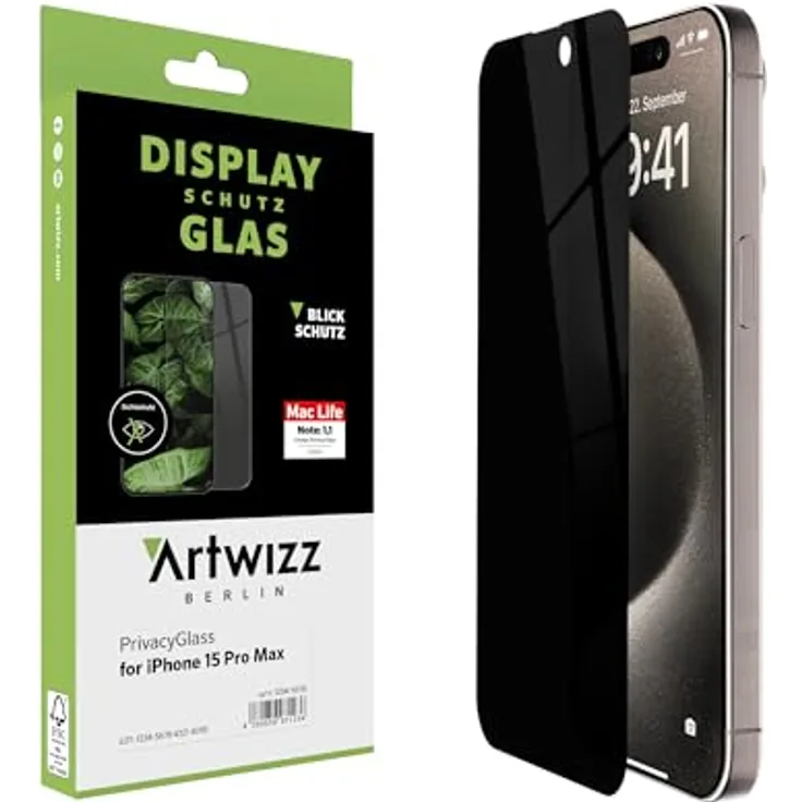 Artwizz PrivacyGlass Schutzglas kompatibel mit iPhone 15 Pro Max - Displayschutz mit Anti-Spy/Blickschutz-Funktion