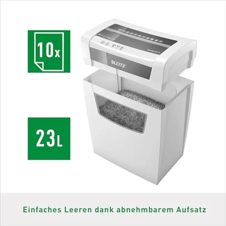 Leitz 80090000 IQ Home Office Aktenvernichter (Partikelschnitt, Sicherheitsstufe P4, 10 Blatt Kapazität, 23L Abfallbehälter, Schredder) weiß – Bild 5