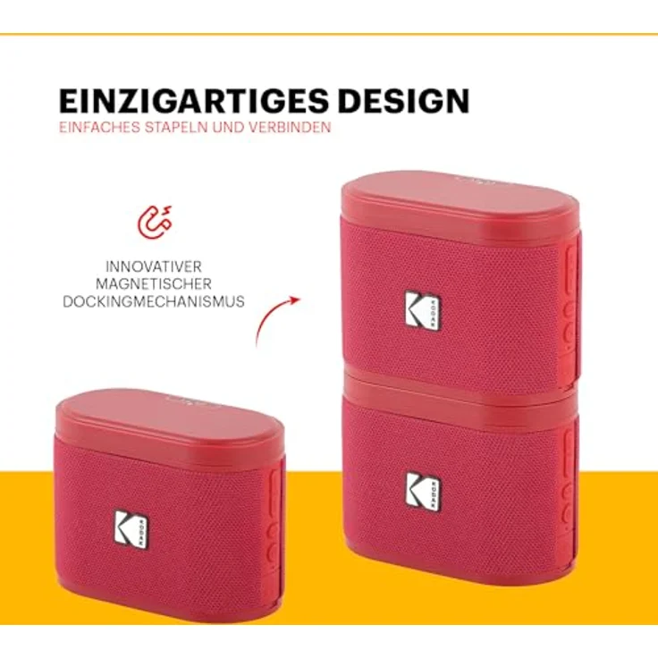 Kodak SOUNDBRIX Tragbarer Bluetooth-Lautsprecher, 5-W-Sound, magnetische Dockingstation, 3 Stunden Akkulaufzeit, Rot – Bild 3