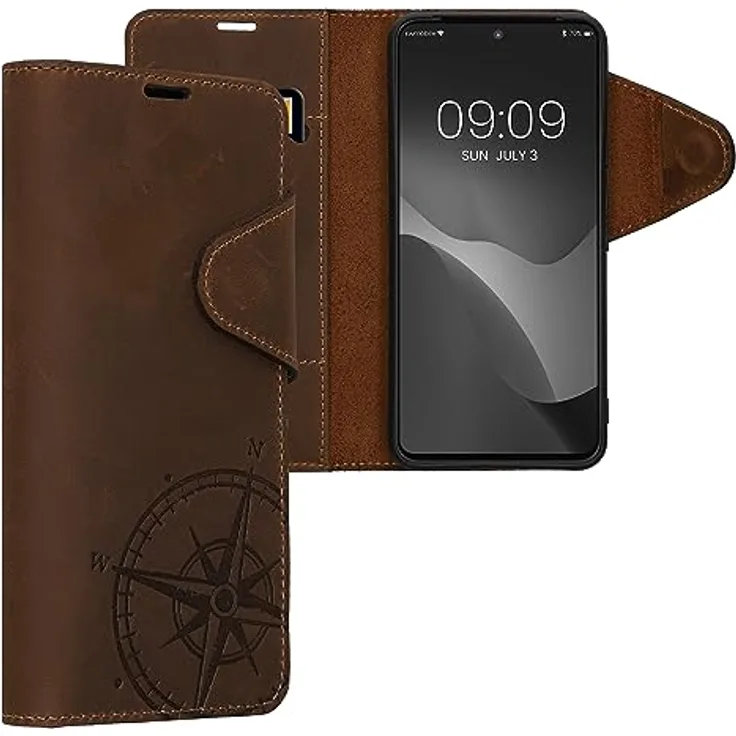 kalibri Wallet Case für Google Pixel 8, Echtleder Hülle mit Kompassdesign, Vintage Braun, inkl. Kartenfach und Standfunktion