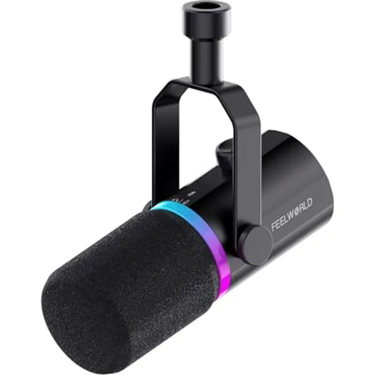 FEELWORLD PM1, Dynamisches Mikrofon für Podcast & Gaming, XLR/USB, RGB-Beleuchtung, Stummschaltung, Nierenpolar-Muster