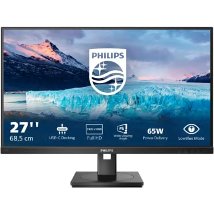Philips 273S1 - 27 Zoll Full HD Monitor, höhenverstellbar, Lautsprecher, Adaptive Sync (1920x1080, 75 Hz, HDMI, DisplayPort (in/Out), USB-C (65W PD), RJ45, USB Hub) schwarz