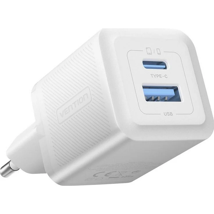 Vention Ladegerät 1x USB-A 1x USB-C, GaN 30W PD-Schnellladung, kompaktes Design, weiß