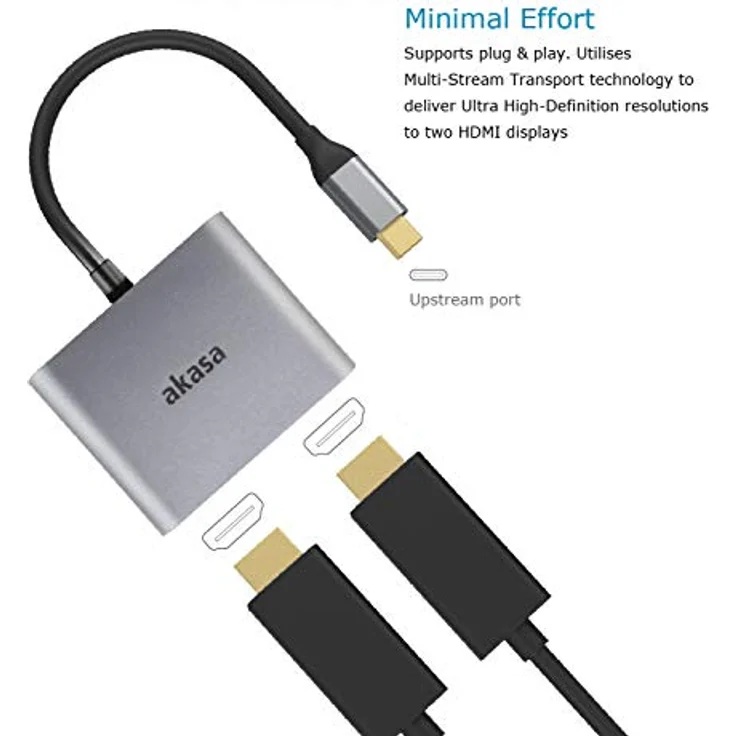 Akasa USB-C auf Dual HDMI MST Adapter, 4K@60Hz & 4K@30Hz, Aluminium mit Tragetasche – Bild 4