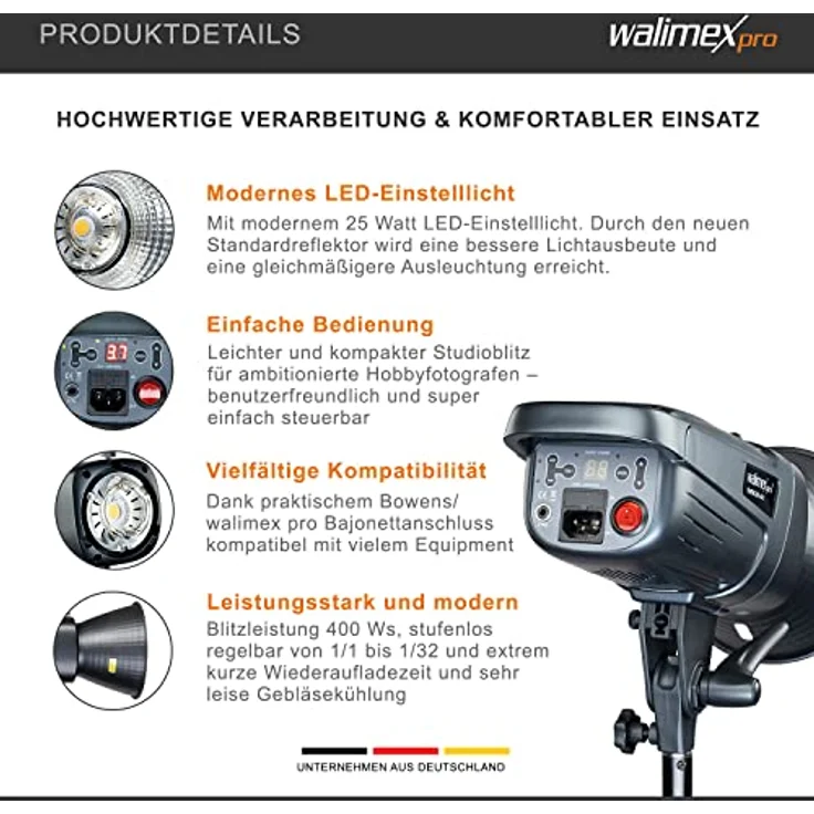 Walimex pro Emerger 400, Studioblitz mit 400 Ws Blitzleistung, 2,4 GHz Funk, kurzer Wiederaufladezeit und dimmbarem LED-Einstelllicht – Bild 2