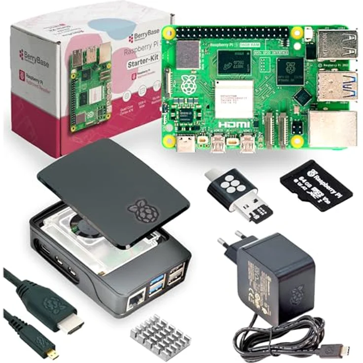 BerryBase Raspberry Pi 5 Starterkit, 16GB RAM, 64GB microSDHC mit Pi OS, Gehäuse, Netzteil, HDMI-Kabel und Zubehör, schwarz – Bild 1