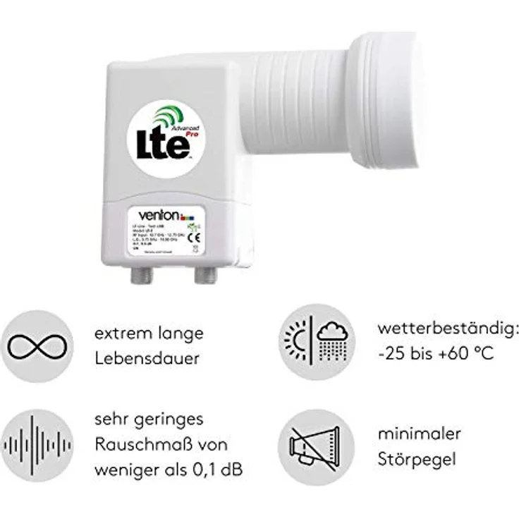 Venton Twin LNB Sat digital 0.1dB für 2fach doppel Teilnehmer direkt Anschluss HD TV 3D 4K + Wetterschutz (ausziehbar) im Set mit 4 F-Stecker Kontakte vergoldet – Bild 3