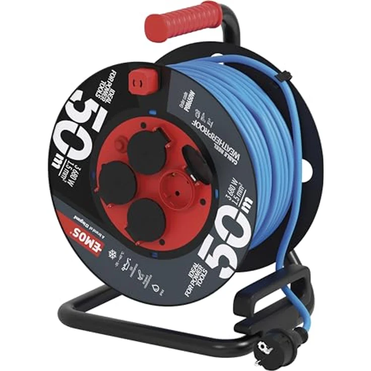 EMOS frostsichere Outdoor-Kabeltrommel 50m, blaues 1,5 mm2 Verlängerungskabel, 4 Schuko Steckdosen IP44 wasserdicht und frostbeständig – Bild 1