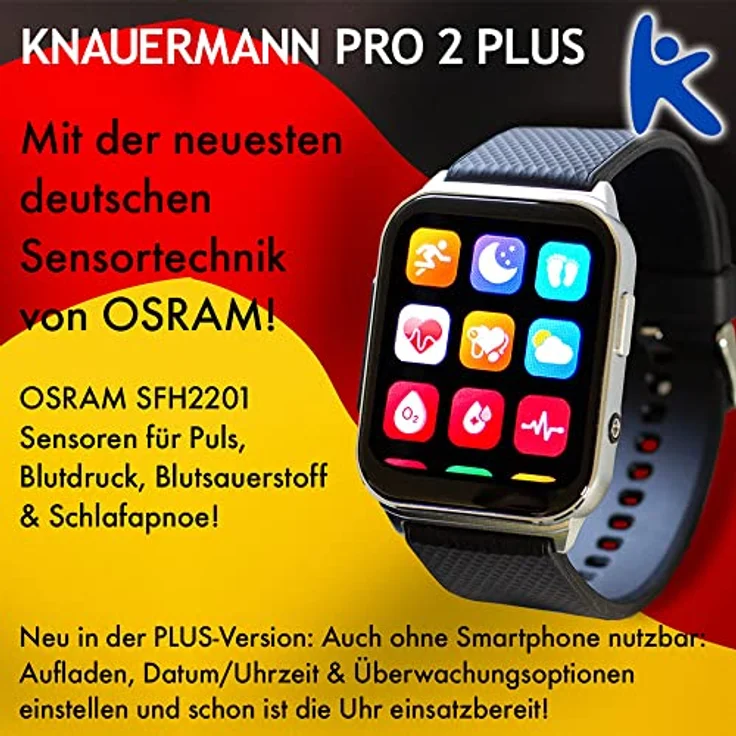 Knauermann PRO 2 Plus, Smartwatch mit Lederarmband, EKG-Sensor, Blutsauerstoffmessung, Benachrichtigungen für Anrufe und Nachrichten – Bild 3