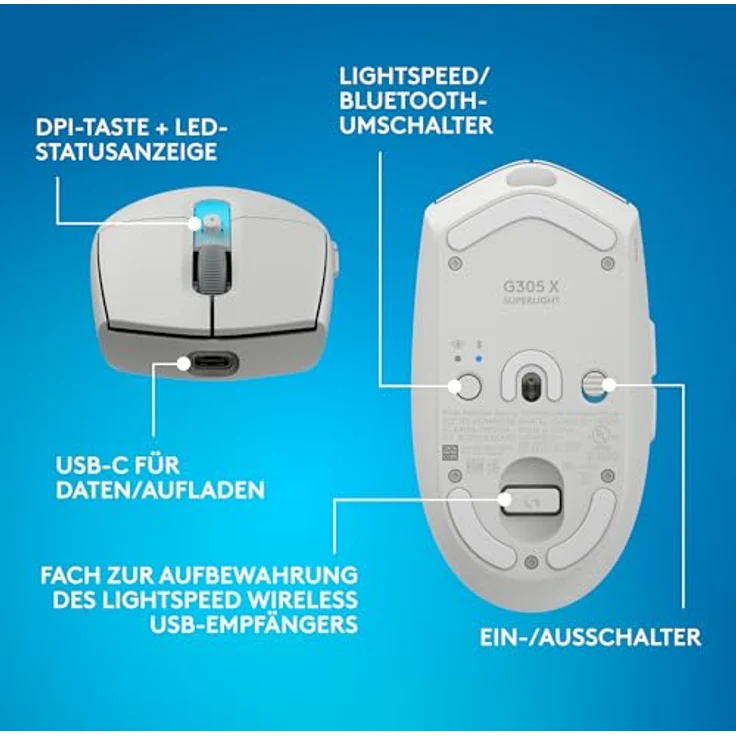 LOGITECH G305 X SUPERLIGHT Gaming-Maus, kabellos, HERO 44K-Sensor, 60 g, weiß, RGB-Beleuchtung – Bild 10
