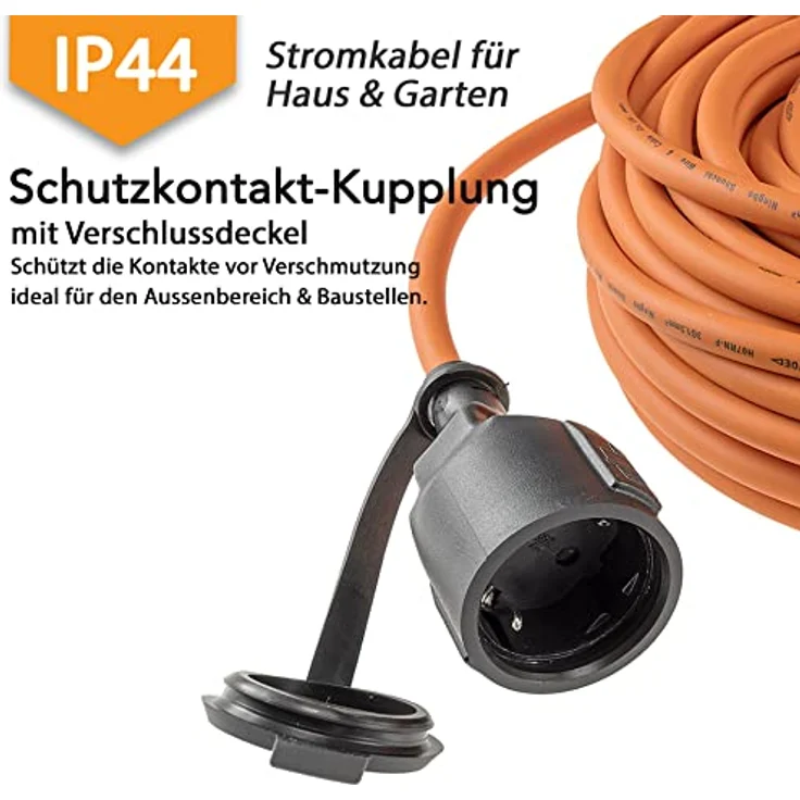 ChiliTec Verlängerungskabel 15m mit Schutzkappe für Aussen Innen - Gummikabel H07RN-F 3G1,5 IP44 Schutzkontakt Stromkabel Elektrokabel für Baustelle Garten Rasenmäher Orange – Bild 2
