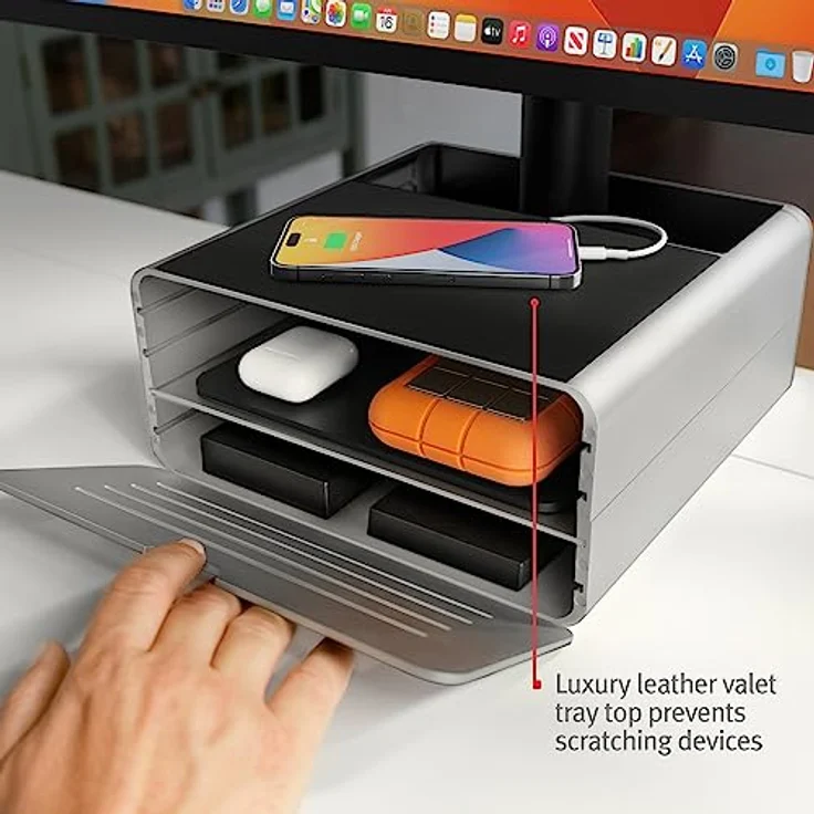 Twelve South HiRise Pro für iMac/Displays/Monitore | Höhenverstellbarer Ständer mit Stauraum, umkehrbarer Front + Ledereinlage (Silber) – Bild 4