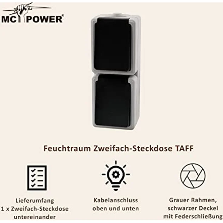 MC POWER - Feuchtraum Doppel-Steckdose I TAFF I Aufputz 2fach Steckdose vertikale Ausrichtung, 250V~/16A, IP44 Doppelsteckdose AP, grau mit schwarzem Federdeckel – Bild 5