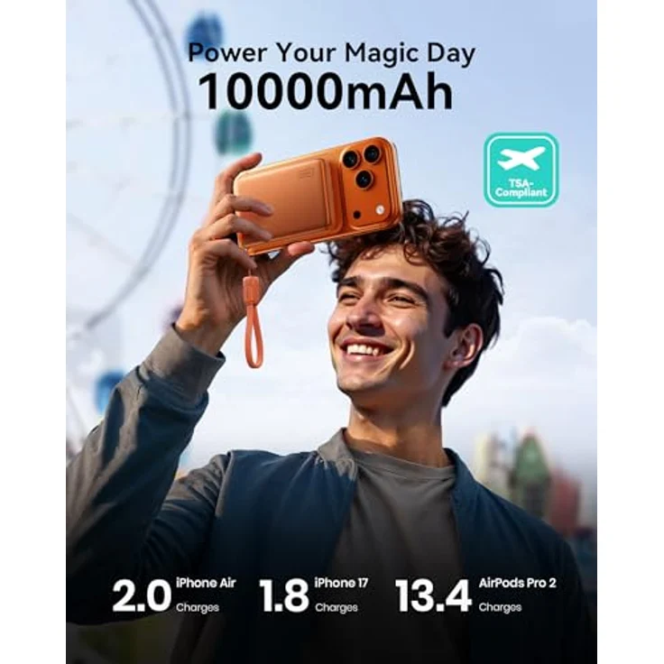 INIU MagSafe Power Bank, Dünnste 10000mAh Qi2 25W Kabelloses Ladegerät mit 45W USB-C, Magnetic Laden mit LED Anzeige, Flugsicher für iPhone 17-12 Serie, Orange – Bild 5