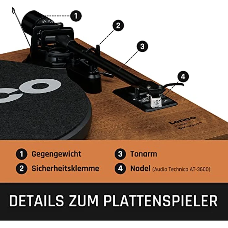 Lenco LS-480 Hi-Fi Plattenspieler mit Bluetooth - Mit externen Lautsprechern 2 x 30 W RMS - Riemenantrieb - Vorverstärker - MDF-Gehäuse - braun – Bild 3