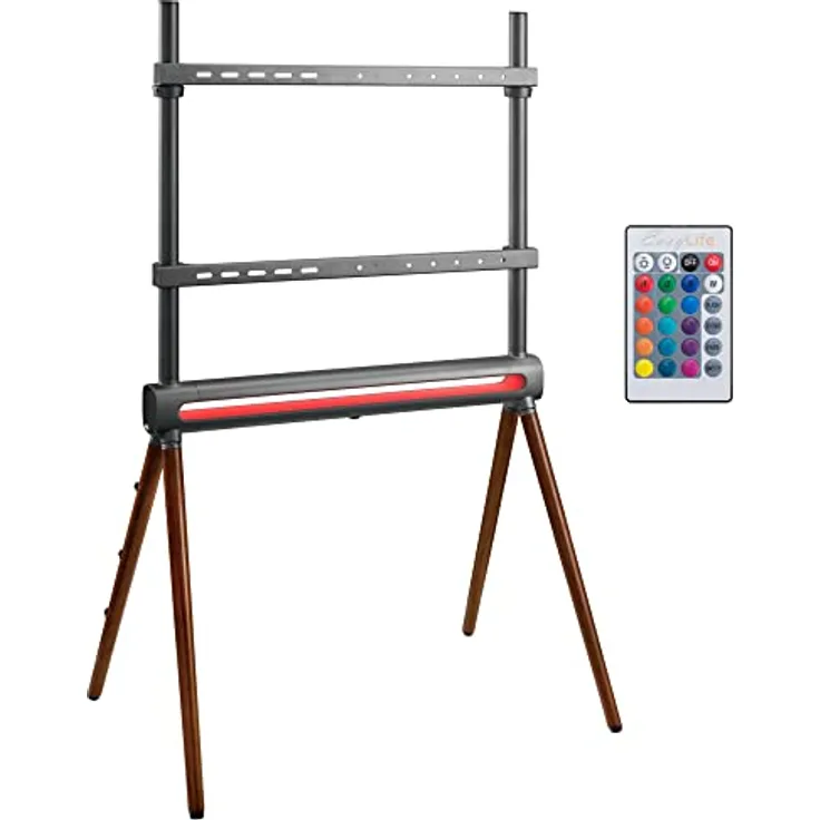 EasyLife - Design STAFFELEI 4-Bein TV Stativ mit LED Ambiente Beleuchtung - höhenverstellbar, VESA bis 600x400 (Graphit/Nussbaum dunkel)