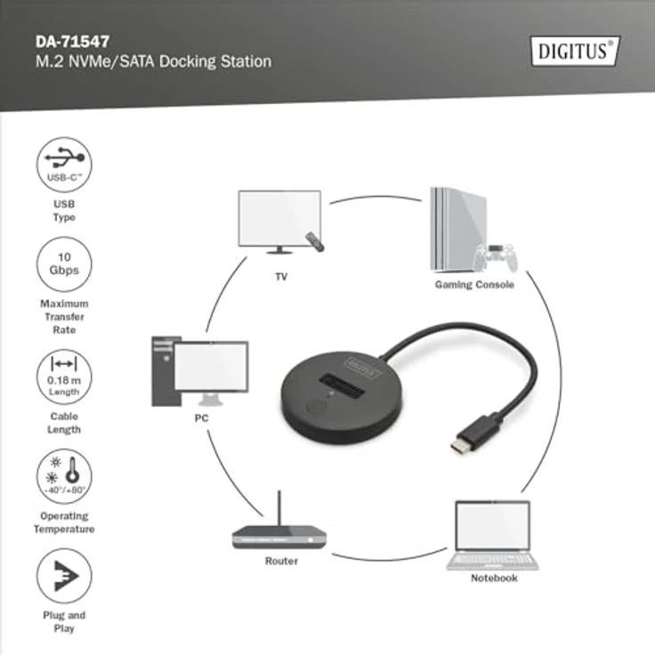 DIGITUS M.2 NVMe/SATA USB-C Docking Station - USB 3.2 Gen2-10 Gbit/s - M.2 Formate 2242, 2260, 2280 & 22110 - max. Kapazität 4TB - für PC, Notebook, Spielekonsolen - Hotswap - Plug & Play - Schwarz – Bild 3