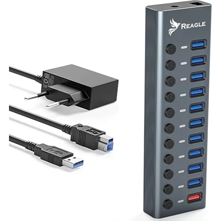 Reagle Aktiver USB 3.2 Gen 1 Hub mit 11 Ports, 5 Gbps Datenübertragung, 36W Netzteil, Aluminiumgehäuse