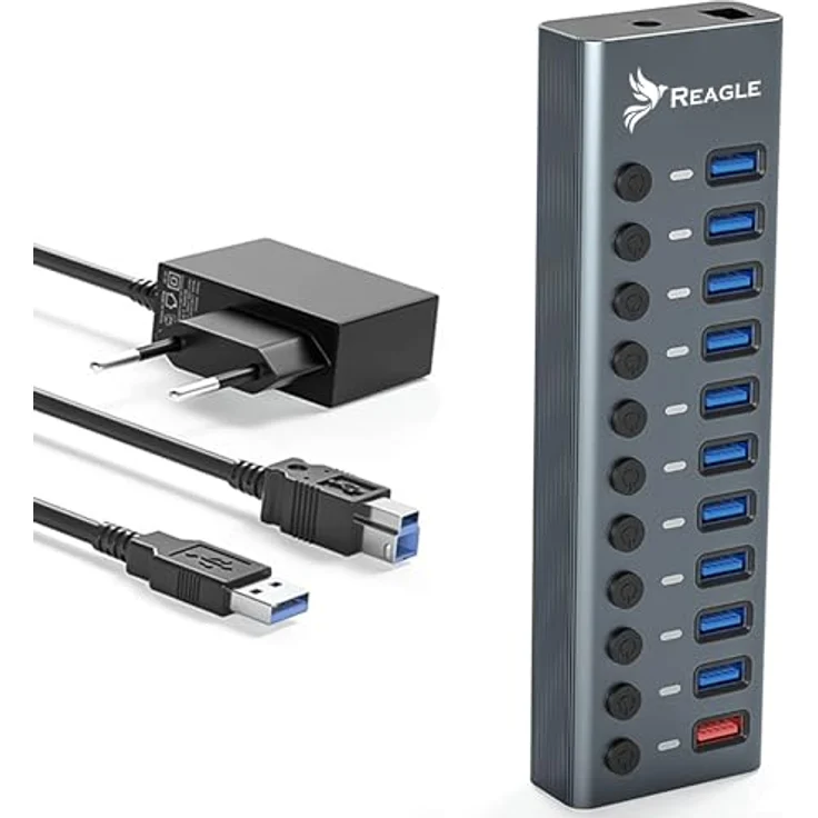 Reagle Aktiver USB 3.2 Gen 1 Hub mit 11 Ports, 5 Gbps Datenübertragung, 36W Netzteil, Aluminiumgehäuse – Bild 1