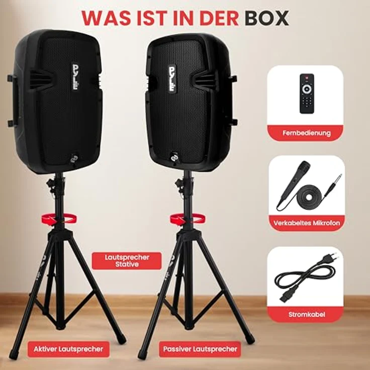 Pyle PA Anlage mit 2x Aktiv- und Passivlautsprechern, Bluetooth Musikbox mit 700 Watt Leistung, inkl. Mikrofon, 2 Boxenständer & Fernbedienung – Bild 5