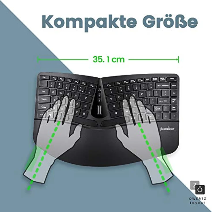 Perixx Periduo-606, Ergonomische kabellose kompakte Tastatur und Vertikale Maus Desktop Set, Geteiltes Tastenfeld, 4-Wege-Scrollrad, Anpassbare Handballenauflage und flachen Tasten mit Vertikalmaus (Deutsch QWERTZ) – Bild 2