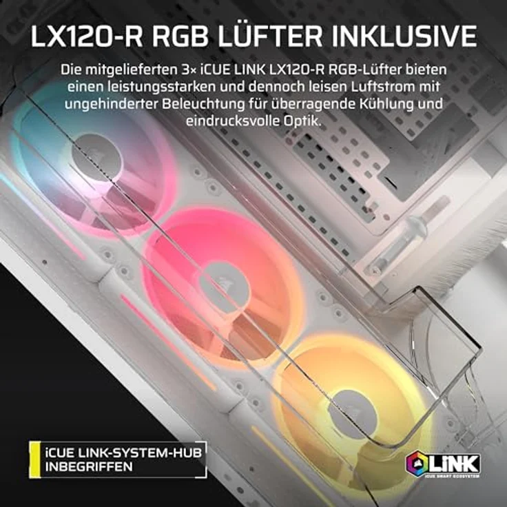 Corsair AIR 5400 LX-R RGB LINK, Mid-Tower PC Gehäuse mit Sichtfenster, modularem Innenraum und bis zu 10 Lüftern, Weiss – Bild 6