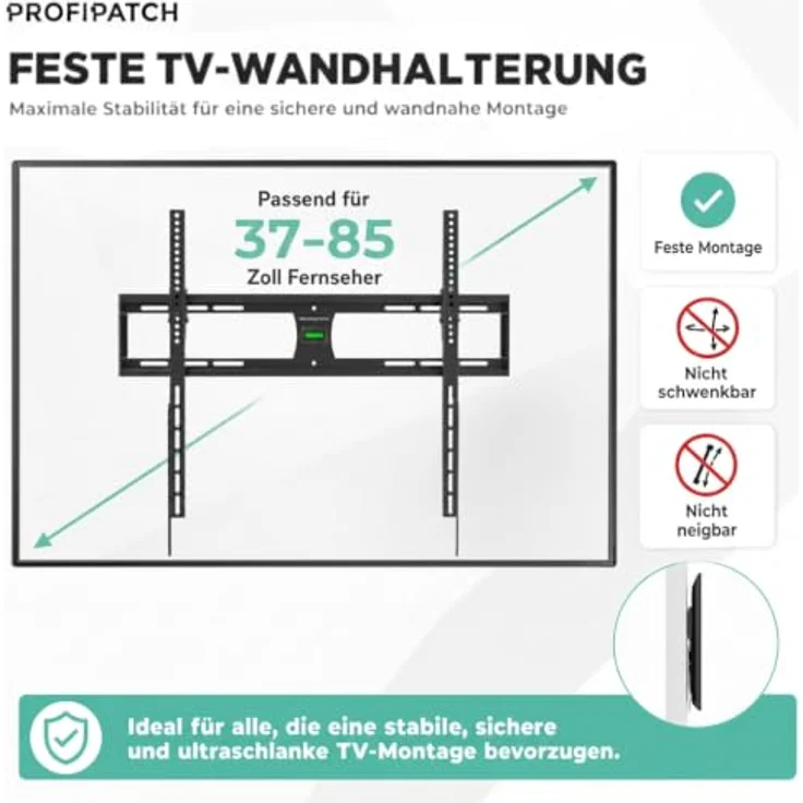 Profipatch TV Halterung Slim, für TVs 37-70 Zoll bis 60 kg Tragkraft, schwarze feste Montage – Bild 5