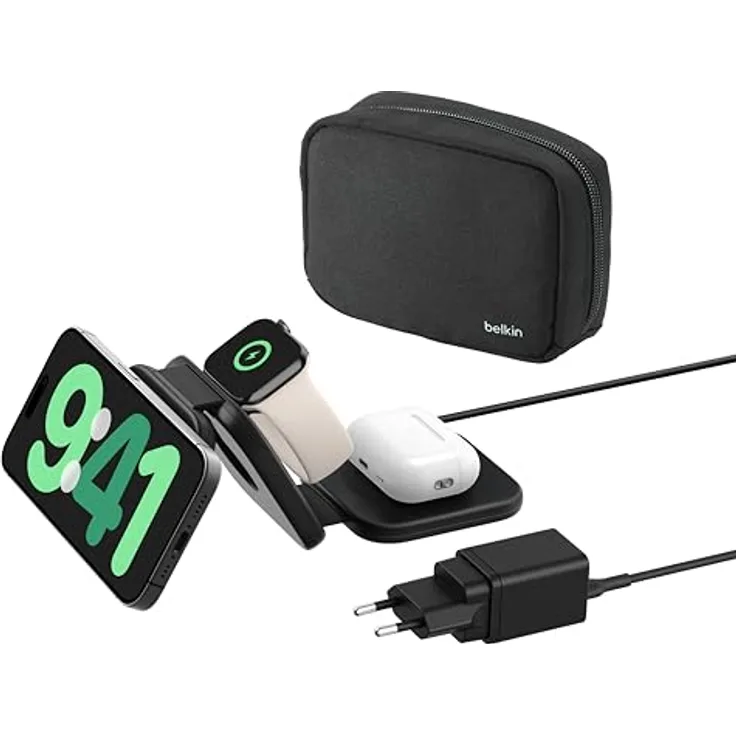 Belkin BoostCharge Pro 3-in-1 Reise Ladestation - Qi2-zertifiziert, 15W MagSafe Ladegerät für iPhone, Apple Watch und AirPods