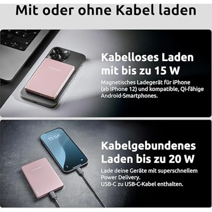 Intenso MW5000 Magnetische Powerbank 5000 mAh – MagSafe kompatibel, 15W Wireless Charging, USB-C PD 20W, kompakt in Rosé – Bild 2