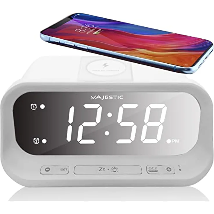 Majestic SVE 236WI Digital Alarm Wecker, Display mit Einstellbarer Helligkeit, kabelloses Laden und USB-Ausgang zum Laden, Weiß