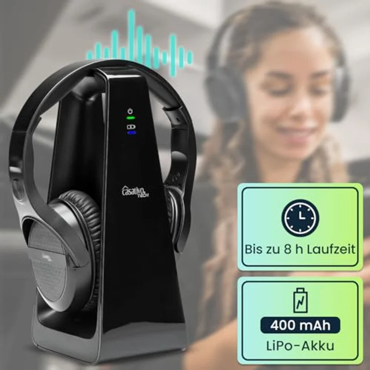 Casativo Digitaler Stereo-Funk-Kopfhörer mit 2-in-1 Funk- & Ladestation, kabellos, 30 m Reichweite, kristallklarer Sound, schwarz – Bild 5