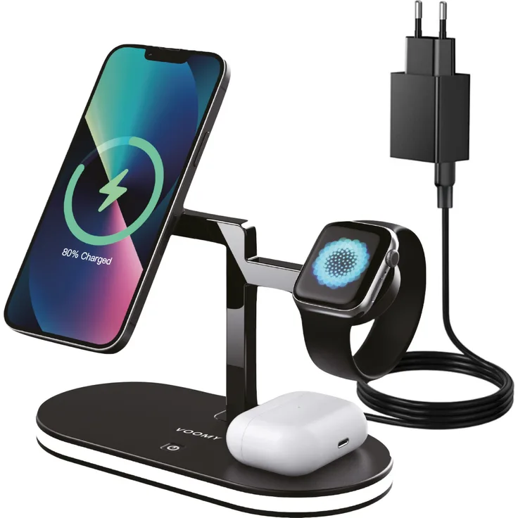 Voomy Wireless C5 Wireless Charger, 15W Ladestation für iPhone, Apple Watch & Airpods - Nachtlicht, USB-Ausgang, MagSafe-Kompatibilität