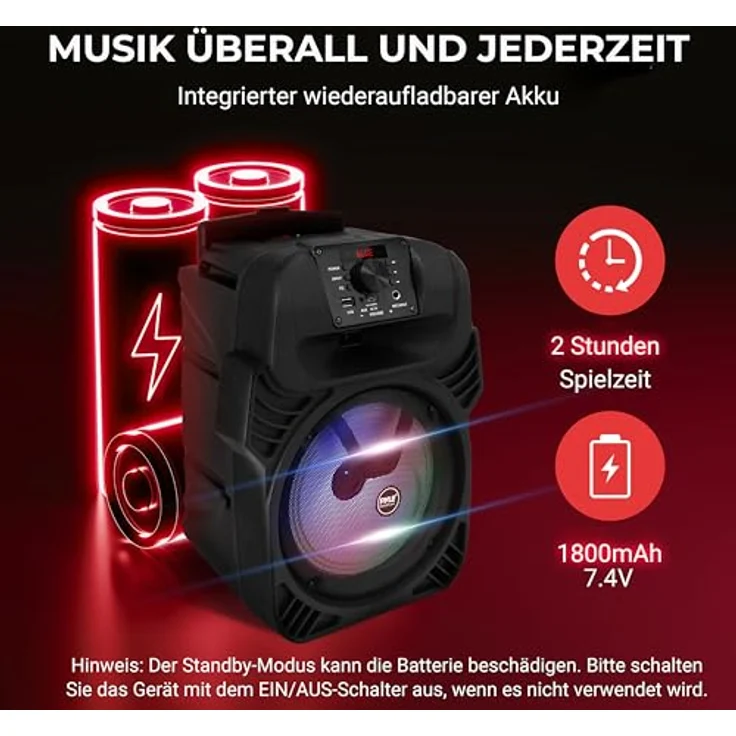 Pyle PPHP844B, Bluetooth PA Lautsprecher mit 400W, 8" Subwoofer, LED Party Lichter, Akku, USB/MP3 und Mikrofoneingängen – Bild 5