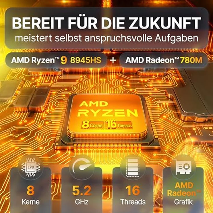 FutureNUC Mini PC R9-8945HS, AMD Ryzen® 8 Kerne bis 5,2GHz, 32GB DDR5 RAM, 1TB SSD, Thunderbolt 4, WiFi 7, HDMI 2.1, BT 5.3, dunkelgrau, Windows 11 Pro – Bild 4