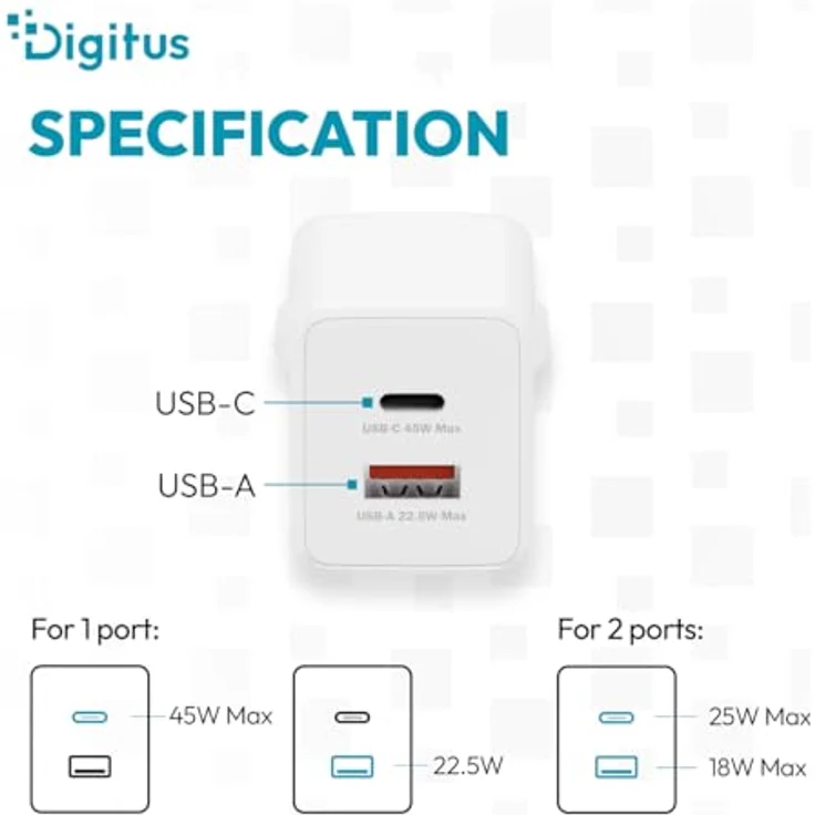 DIGITUS USB-Ladegerät GaN II 45W, 1x USB-C & 1x USB-A, weiß, kompakt – Bild 3