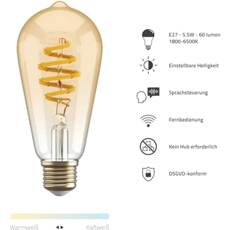 Hombli Smarte Glühbirne ST64 | Dimmbares Warmweißes Licht, 1800-2700K | 5.5W Filament, 300 Lumen | Sprachsteuerung mit App-Funktion, Kompatibel mit Google, Alexa & Siri – Bild 2