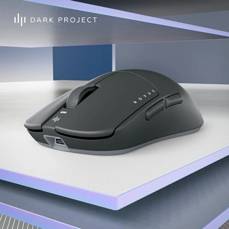 Dark Project Novus Wireless Gaming-Maus, ultraleicht mit 51g, PixArt PAW3395, 26K DPI, 2K Hz Abtastrate, 6 programmierbare Tasten, bis zu 70 Stunden Akkulaufzeit, Schwarz/Grau – Bild 2