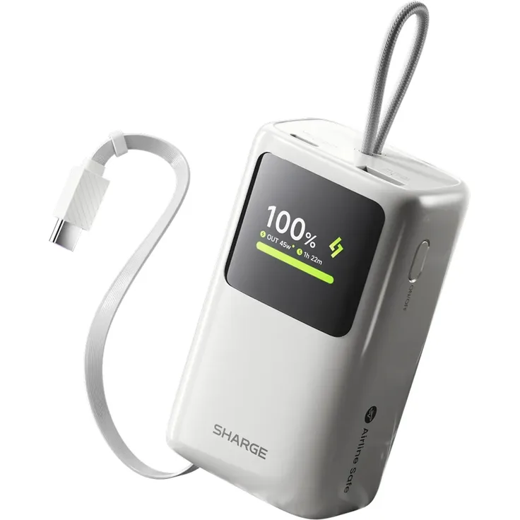 SHARGE HyperTower Powerbank 10000 mAh Weiß – 45W USB-C Power Bank mit ausziehbarem Kabel und digitalem Display
