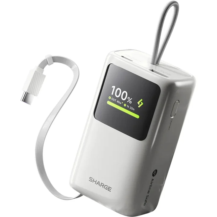 SHARGE HyperTower Powerbank 10000 mAh Weiß – 45W USB-C Power Bank mit ausziehbarem Kabel und digitalem Display