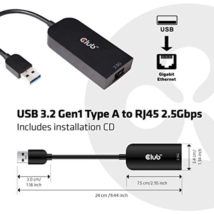 Club 3D USB 3.2 Gen1 Adapter Typ-A zu 2, 5 Gigabit Ethernet ST.-BU. schwarz - Preisvergleich – Bild 2