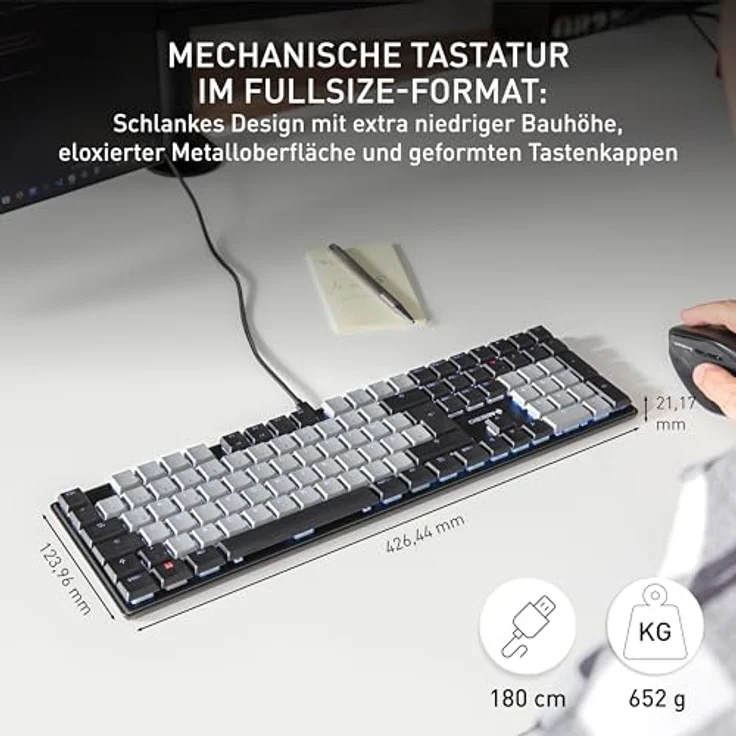 CHERRY KC 500 MX LP, Mechanische Low-Profile-Tastatur, Kabelgebunden (USB-A), Deutsches Layout (QWERTZ), Weiße Beleuchtung, MX LP 2.0 Ivory Switches, Schwarz – Bild 2