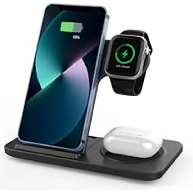 ENGELMANN EnM0640, 3 in 1 Induktive Ladestation Wireless Charger (15W, Schwarz)