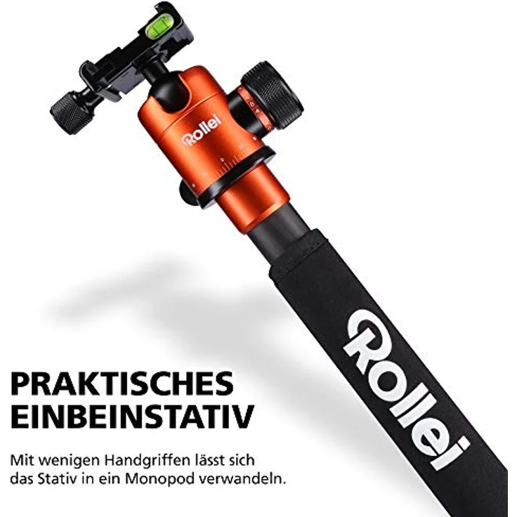 Rollei C5I I Orange I leichtes Foto-Stativ aus Carbon I Reise-Stativ mit Kugelkopf und Stativtasche I Verwendbar als Macrostativ, Einbeinstativ-Monopod und Ministativ I Arca Swiss Platte – Bild 5