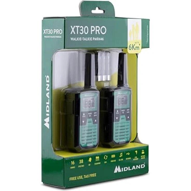 MIDLAND XT30 Pro Walkie Talkie, 16 PMR446-Kanäle, Reichweite bis zu 6 km, spritzwassergeschützt, Schwarz/Grün – Bild 3