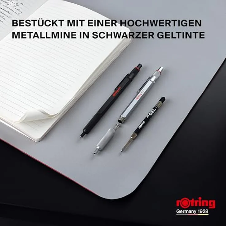 rOtring 600 Gelschreiber, 0,55 mm, nachfüllbar, schwarze Tinte, Silberfarben, Metallschaft, rutschfeste Griffzone, Sechskantschaft – Bild 5