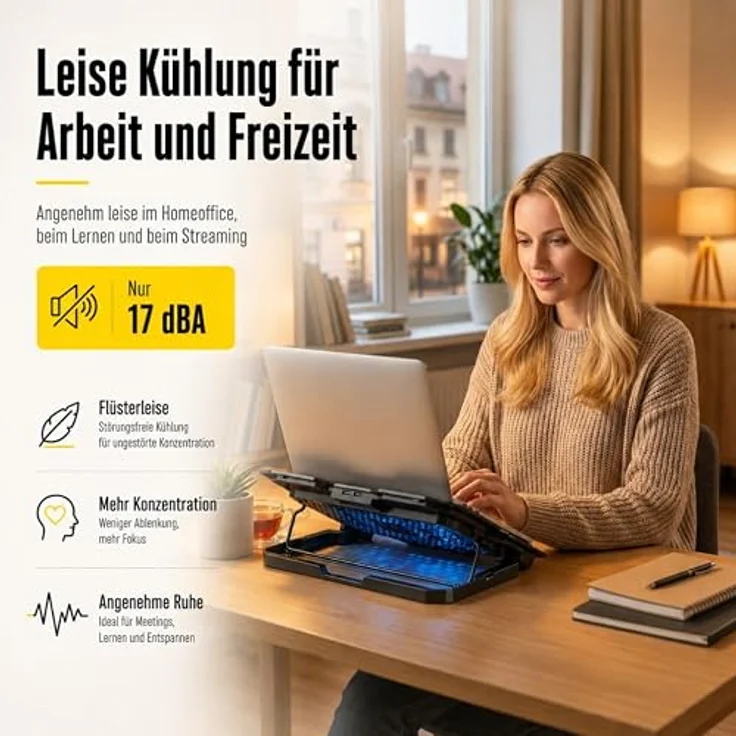 WOZINSKY Kühlständer Laptop Kühler mit RGB-Beleuchtung, verstellbar, 2 USB-Anschlüsse, für 9-17" Laptops – Bild 2