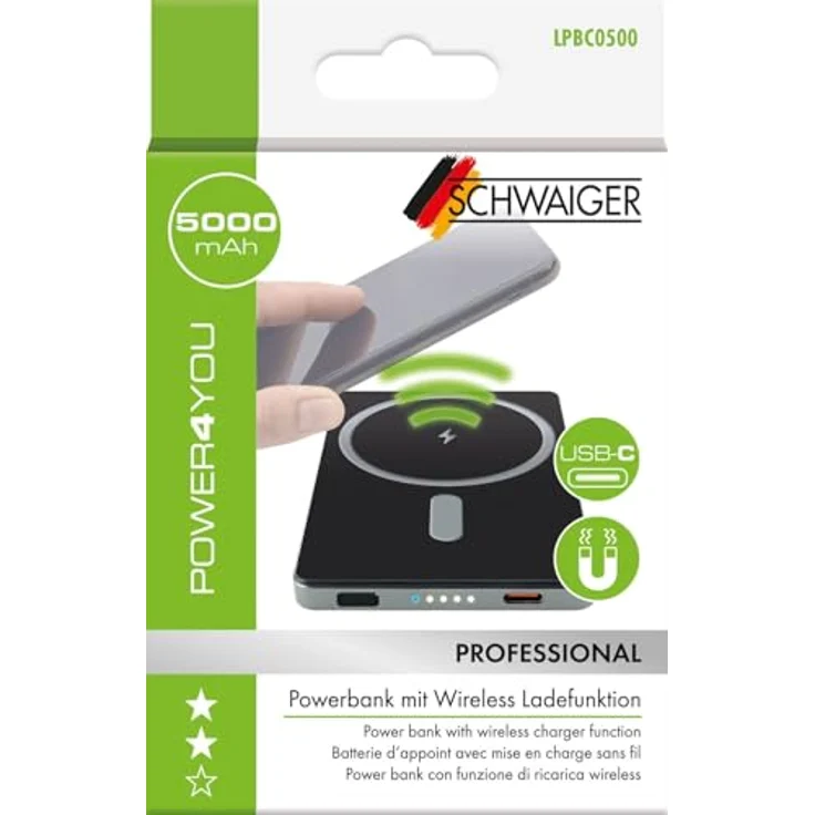 Schwaiger Powerbank LPBC0500, 5.000 mAh, QI-Ladefunktion, MagSafe-kompatibel, Wireless & USB-C, Schwarz – Bild 6