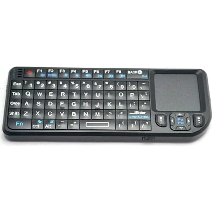 BerryBase Mini Funk Tastatur mit Touchpad & LED-Beleuchtung, schwarz, US Layout, kabellose Verbindung, Laserpointer, kompatibel mit PC/Mac/Linux und PS3