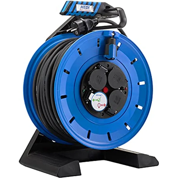 HEDI Kabeltrommel 40 m Generation 7 (Kunststoff, Neopren-Gummi-Leitung H07RN-F 3G2,5, 4-Fach Steckdose, mit Stecker-Dichtlippe, Überlastschutz) K740N2TF, Mehrfarbig