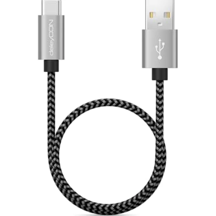 deleyCON 0,30m Nylon USB-C Kabel 30cm Schwarz Kurz Ladekabel Metallstecker Laden & Synchronisieren von Handy & Smartphone – Bild 3